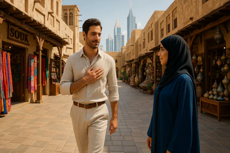 A man and woman stand in a traditional Middle Eastern souk alleyway, with market stalls and modern city skyscrapers in the distance.