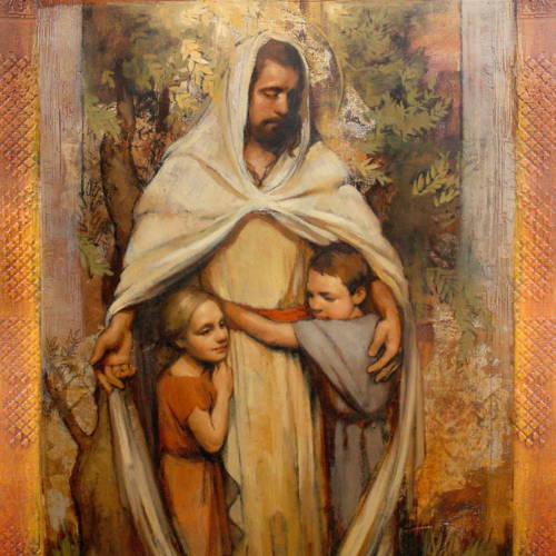 Painting of Jesus embracing two children.