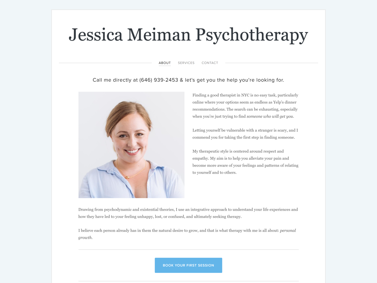 Screenshot of Jessica Meiman Psychotherapy, from the therapist websites collection.