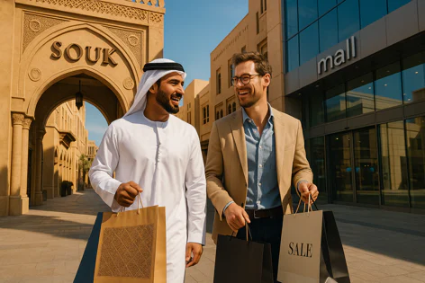 A man in white traditional clothing and a man in a suit walk together, smiling and carrying shopping bags past a souk and a mall in a sunny city.