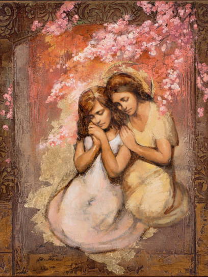 A young angel girl comforting another young girl.