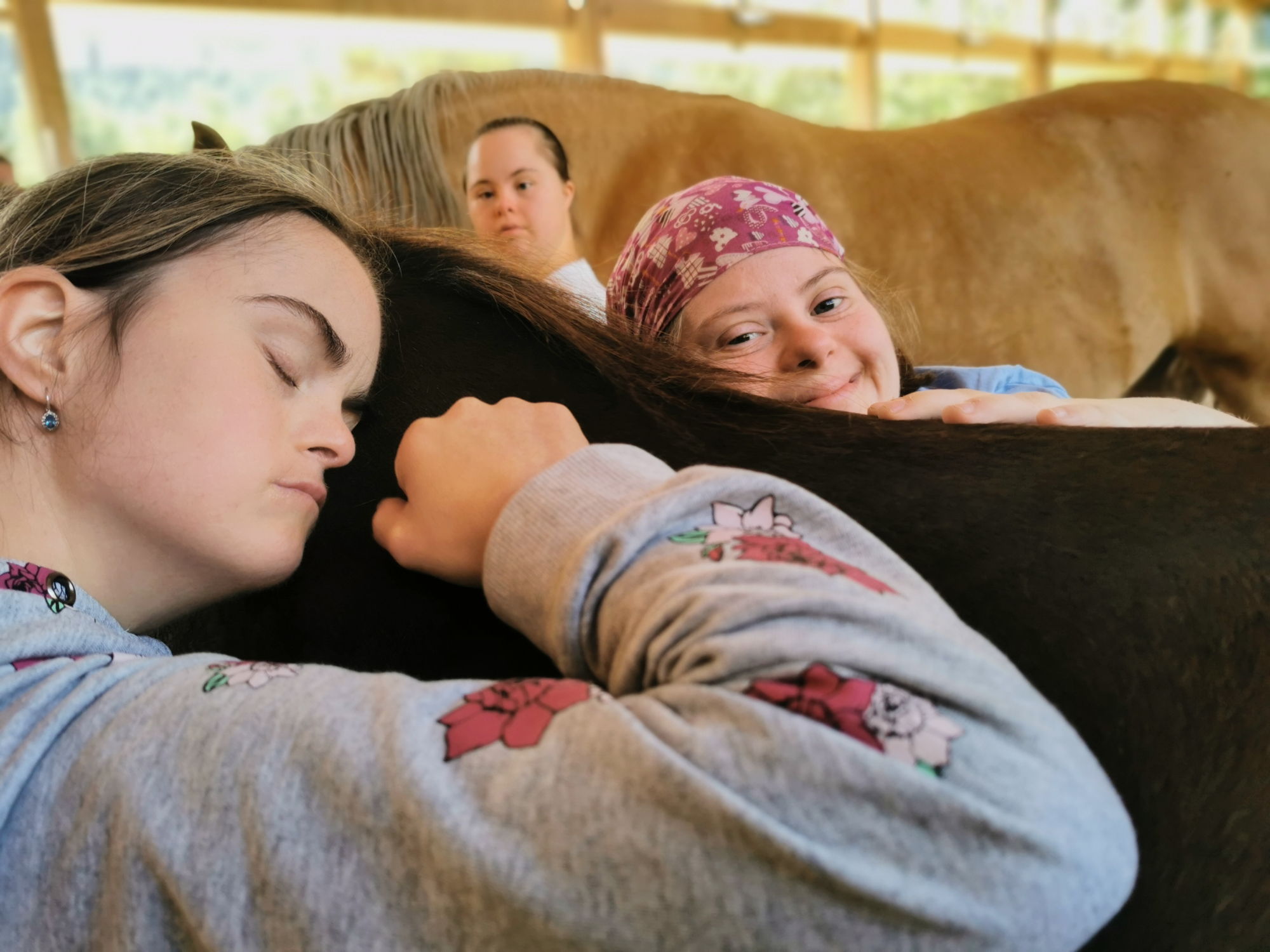 Kinder umarmen ein Pferd