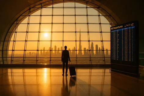Traveler stands silhouetted by a large curved window at an airport, watching a golden sunset over a cityscape with the Burj Khalifa visible.