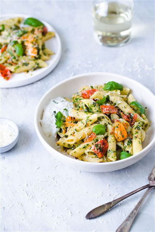Photo of NEW!! Lemon Burrata Chicken Pasta with Fresh Basil & Pine Nuts