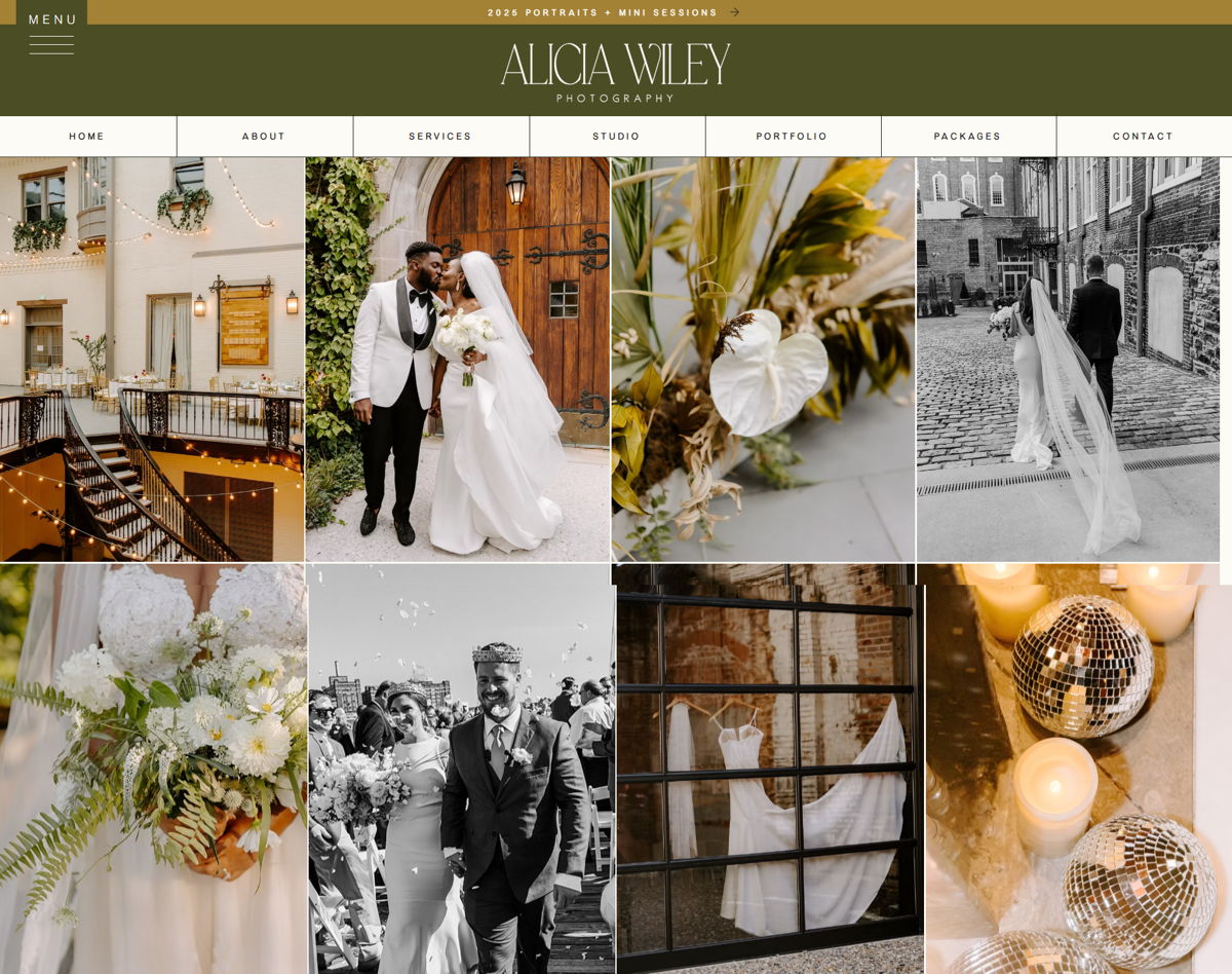 Screenshot of Alicia Wiley Photography, from the wix photography website examples collection.