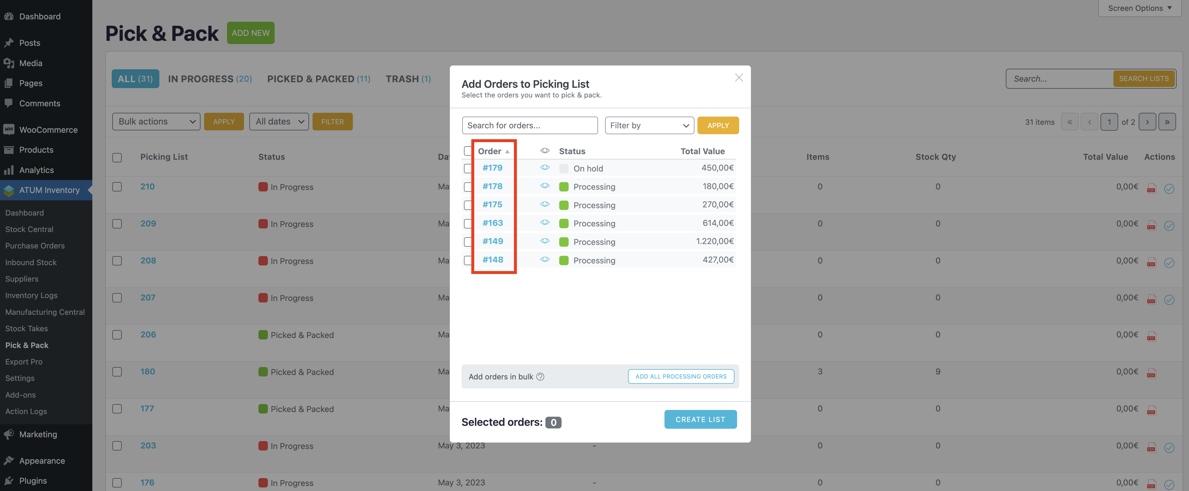 Filtering and sorting orders when a new Picking-Packing list is created