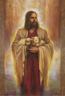 Jesus holding two lambs. He is framed in golden light.
