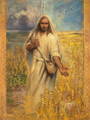 LDS art painting of Jesus planting seeds in a wheat field.