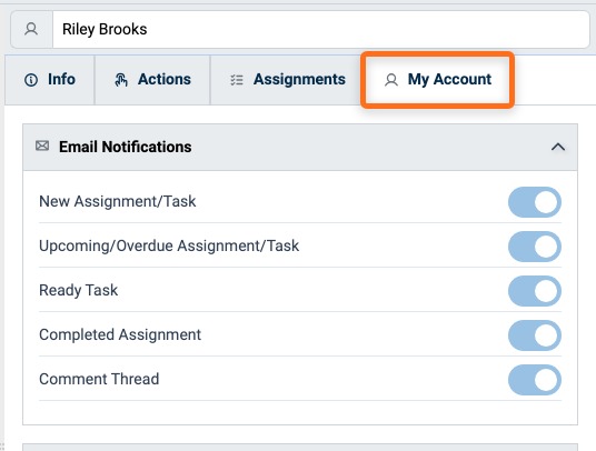 Email Notifications panel on the My Account tab