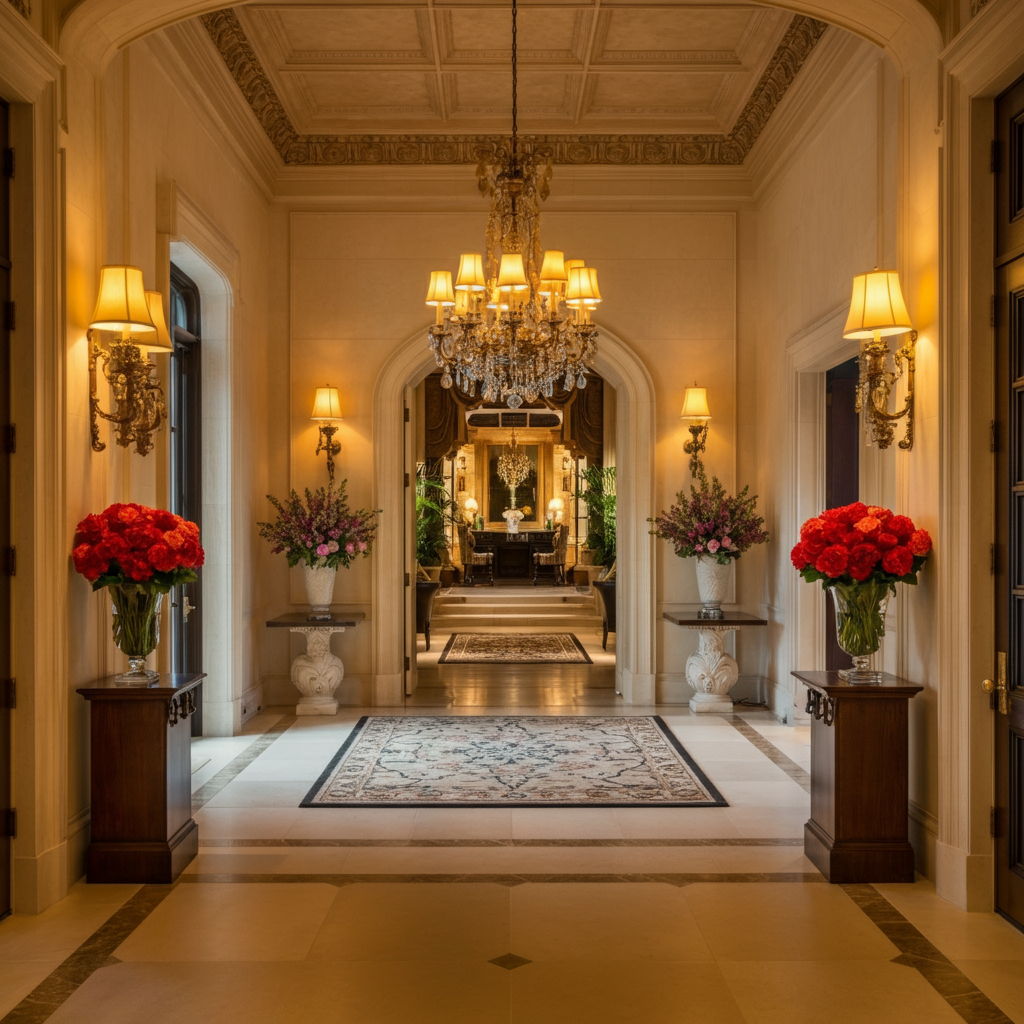 Elegant foyer of a Gold Coast mansion prepared for a private showing, with subtle lighting highlighting architectural details, fresh flowers, and soft background music creating a welcoming atmosphere for qualified buyers.
