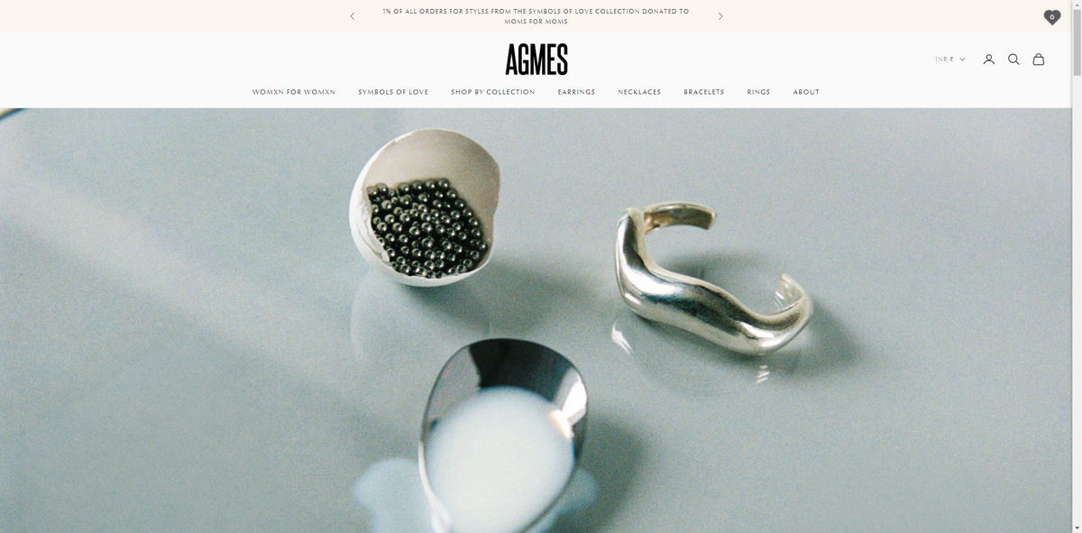 Screenshot of Agmes NYC, from the shopify jewelry stores collection.