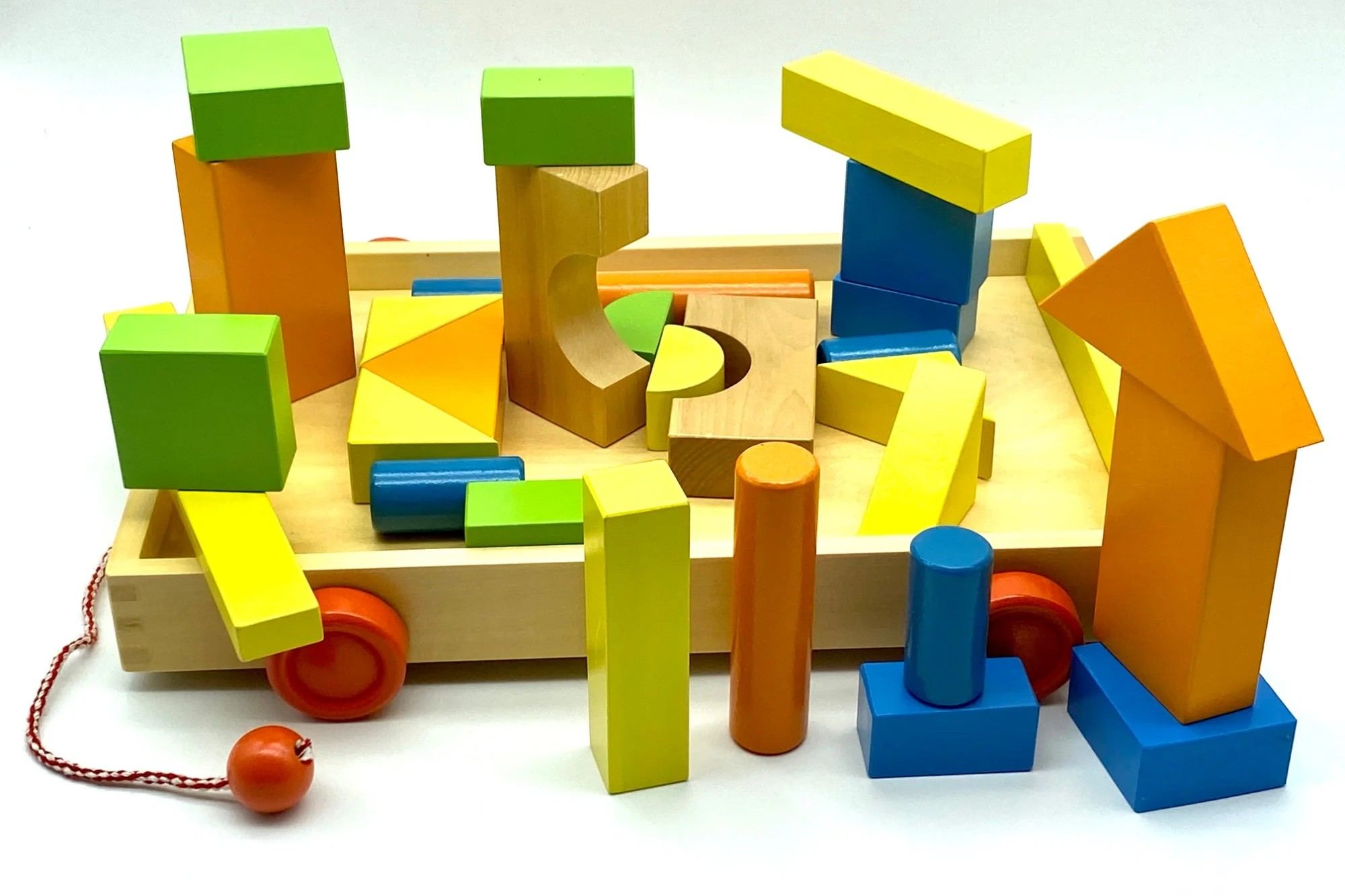 Wooden building puzzle blocks qty 33 in wood tray for toddlers with wheels and pull along handle - Image 3