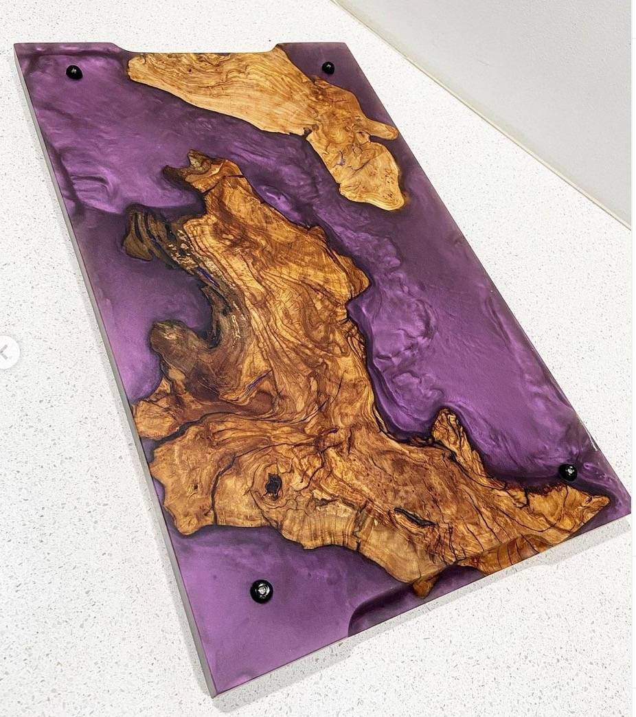 purple resin with olive wood cutting board