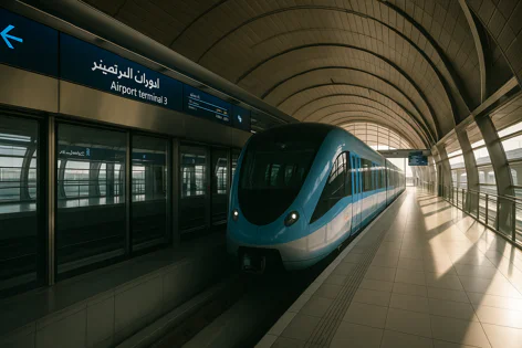 Modern light blue and white train at Dubai Metro Airport Terminal 3 station platform with curved roof and sunlight.