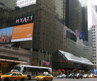 Grand Hyatt is big, grey and adjacent to Grand Central Station.
