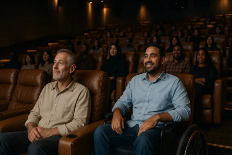 A young man in a wheelchair and an older man enjoy a film from the front row of a packed, dark movie theater with reclining seats and other audience members.