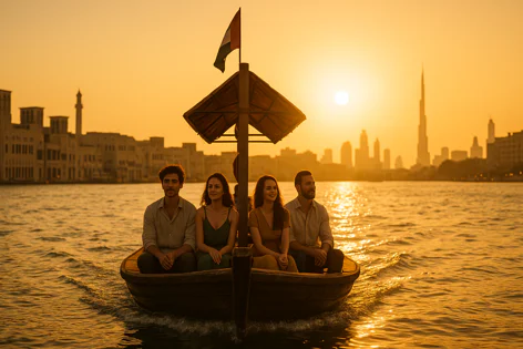 Four people on a traditional abra boat on Dubai Creek at sunset, with the Dubai skyline including the Burj Khalifa and old buildings on shore.