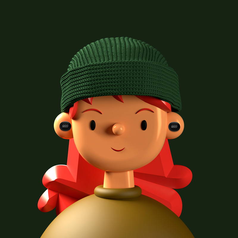 boneco 3D moreno de camiseta vermelha com fone QCY