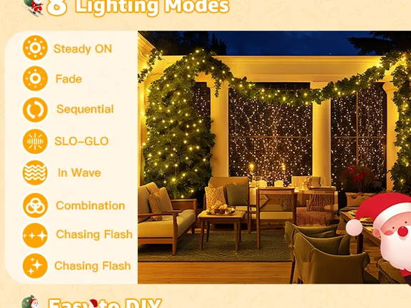 Features of Ollny's 800 leds clear cable cool white string lights - mobile size