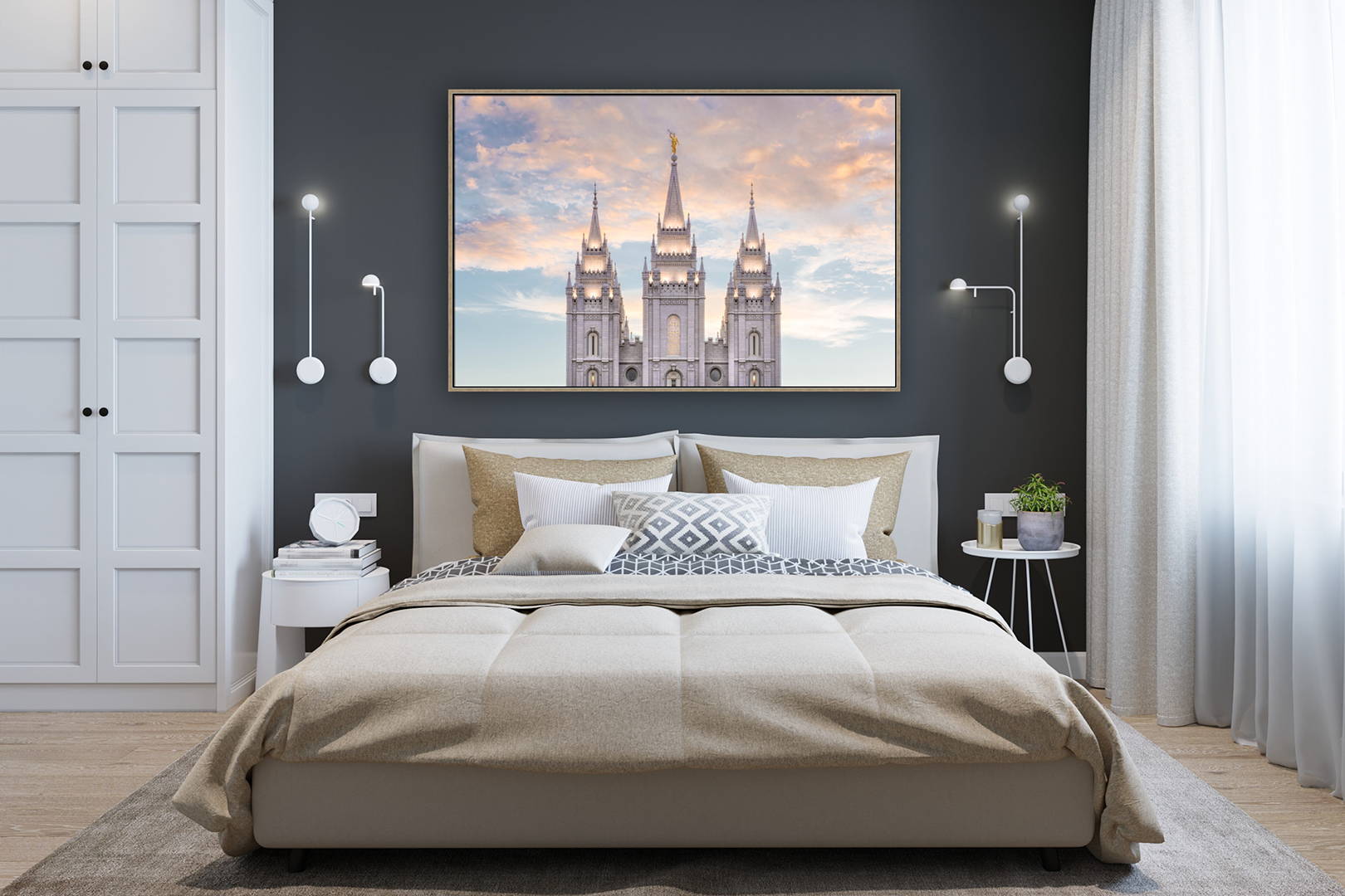 Salt Lake City Temple picture hanging above a bed.