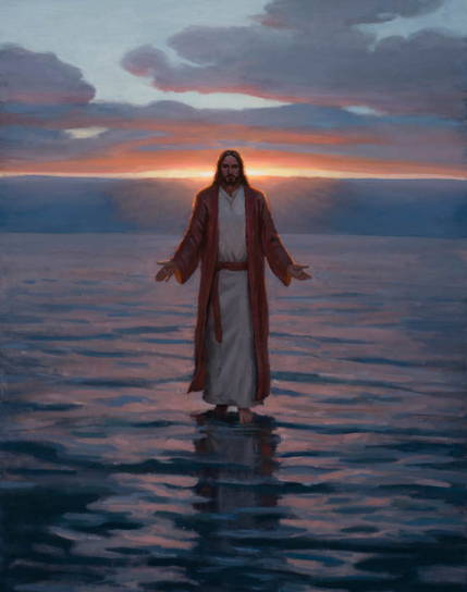 JEsus walking on water. The sunrise is behind Him. 
