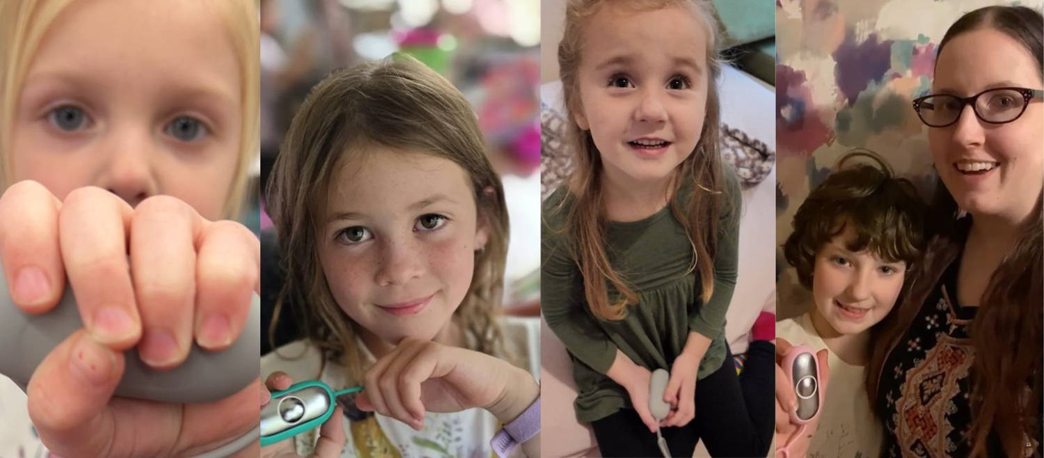 Collage of kids and parents holding their CalmCarry devices