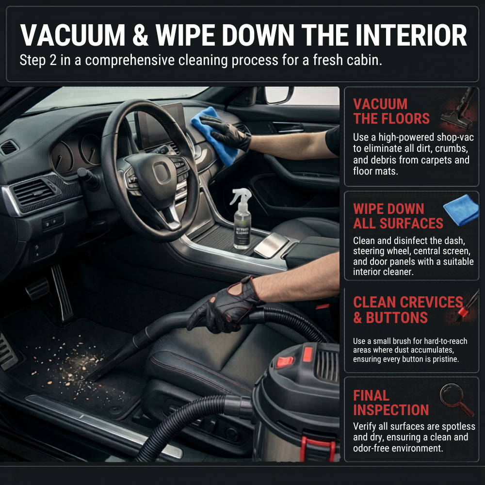 A square instructional guide graphic titled 'VACUUM & WIPE DOWN THE INTERIOR: Step 2 in a comprehensive cleaning process for a fresh cabin'. The main visual shows a premium car interior where a person in black leather gloves uses a shop-vac nozzle to clean crumbs off the floor mat while another hand wipes down the dashboard with a blue microfiber cloth. A sidebar on the right breaks down four steps: Vacuum the Floors, Wipe Down All Surfaces, Clean Crevices & Buttons, and Final Inspection.