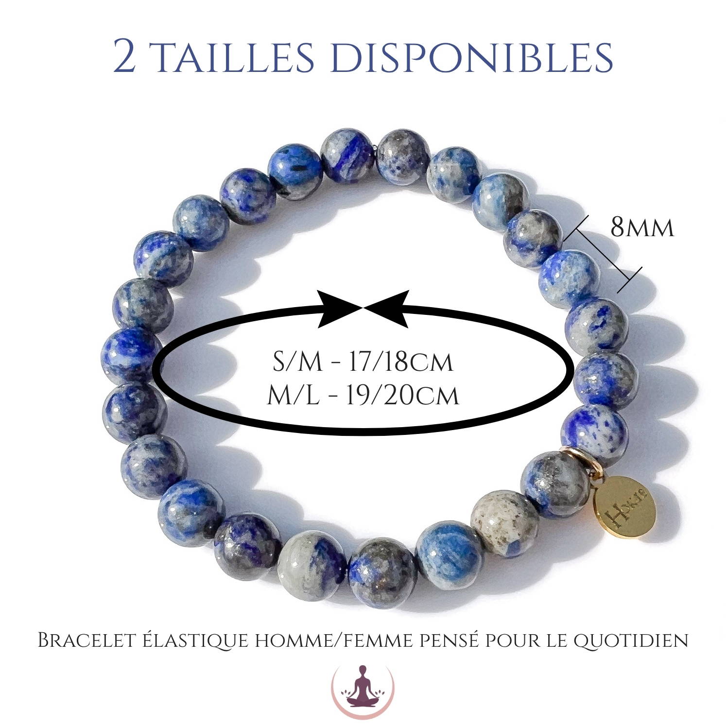 Bracelet Lapis-Lazuli Hokee deux tailles disponibles, S/M 17-18 cm et M/L 19-20 cm, perles 8 mm, modèle élastique unisexe.