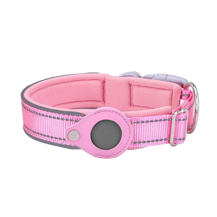 Pink Secure Nylon Dog Collar with Built-in Apple AirTag (not included) Holder Case - Pet Tracker Accessory