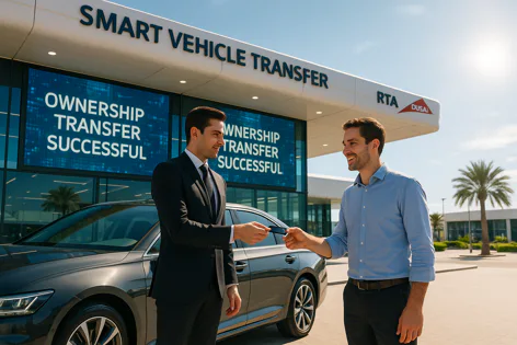 Two men exchange a car key outside a Smart Vehicle Transfer center with "Ownership Transfer Successful" displayed on large screens, signifying a completed transaction.