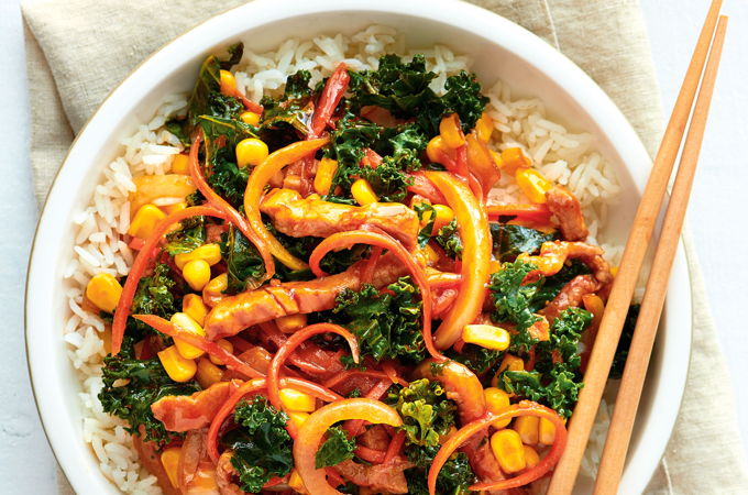 Pork Stir-Fry with Kale and Corn