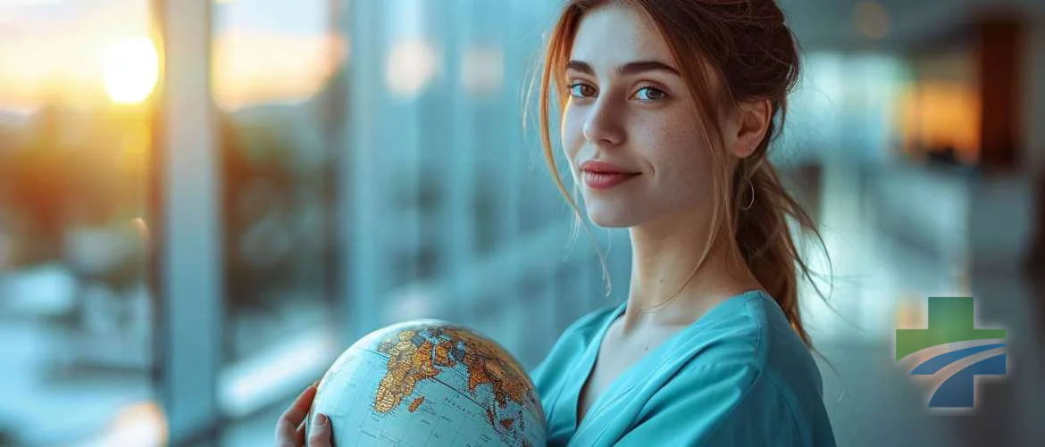 Inspired young travel nurse holds globe, sunlight highlighting her aspiration