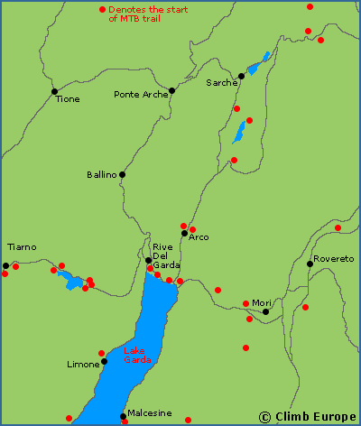 Map of the popular mountain biking circuits and trails around Lake Garda and Arco