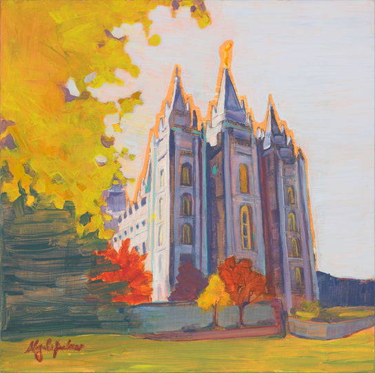 Impressioinist style painting of the Salt Lake Temple surrounded by autumn leaves.
