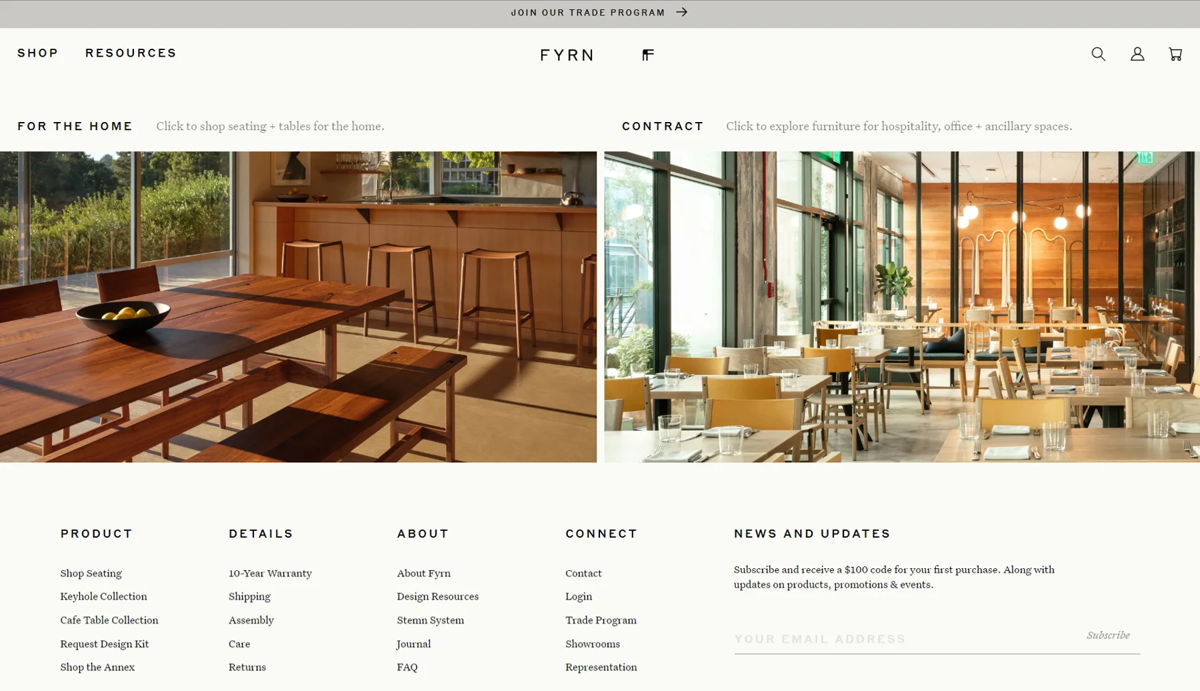 Screenshot of Fyrn, from the shopify furniture stores collection.