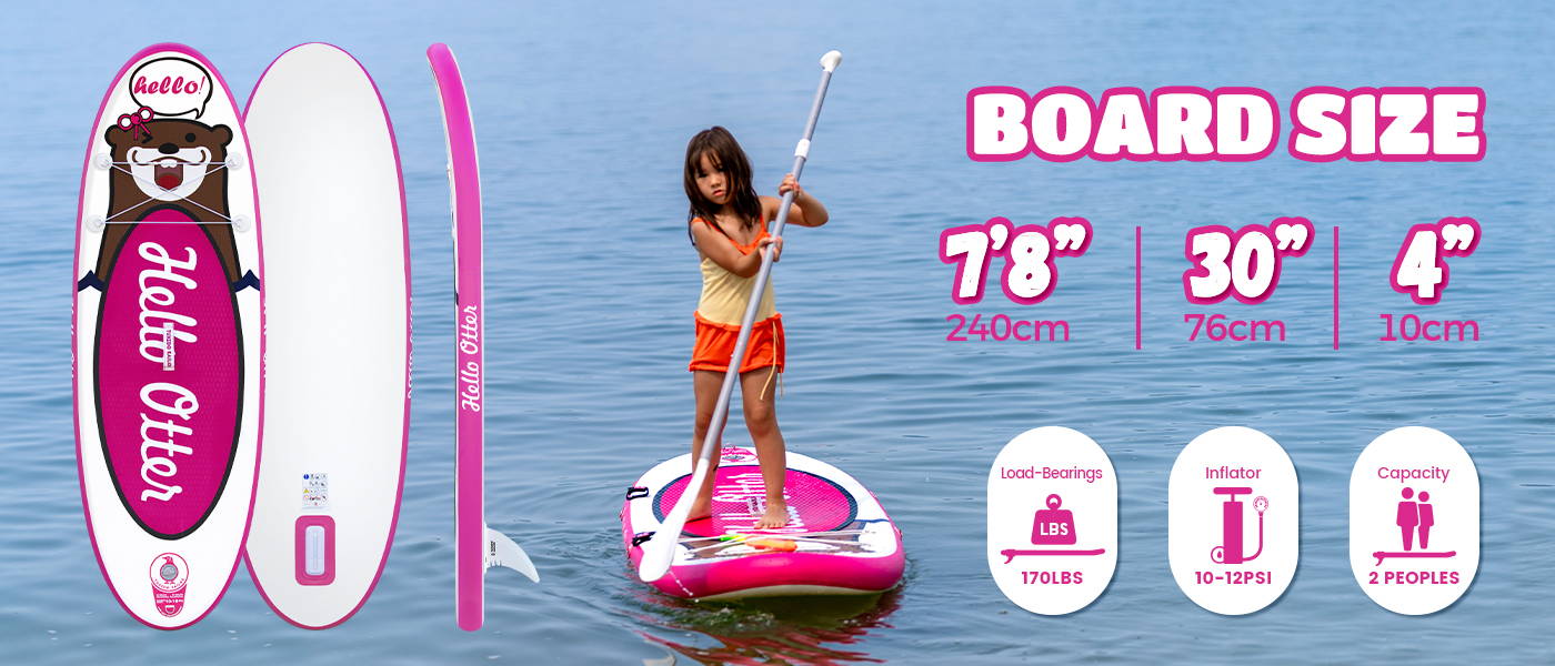 Inflatable paddle board for kid size is 7'8" in length, and 30" in width. load-bearings is 170LBS, inflator 10-12 PSI, capacity is 2 kids