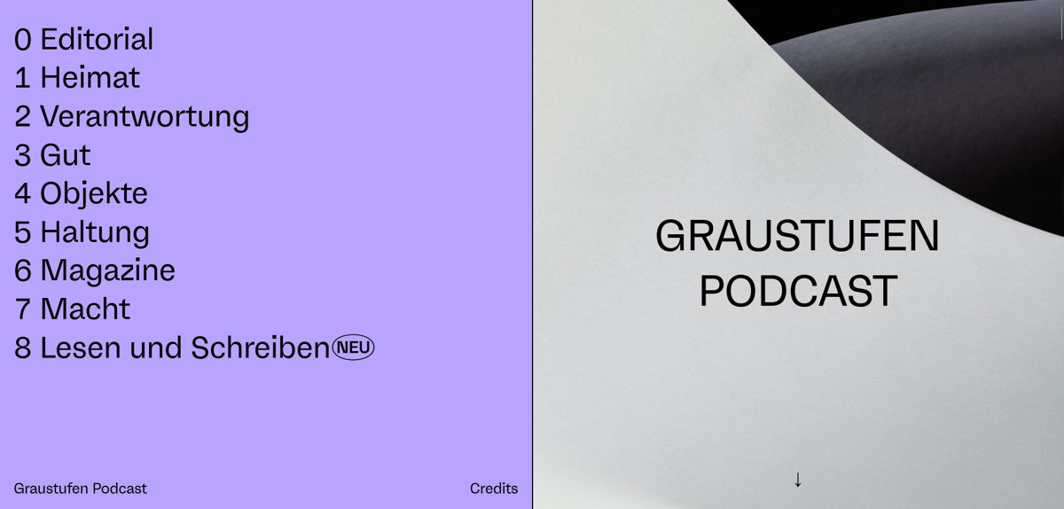 Screenshot of Graustufen Podcast , from the purple websites collection.