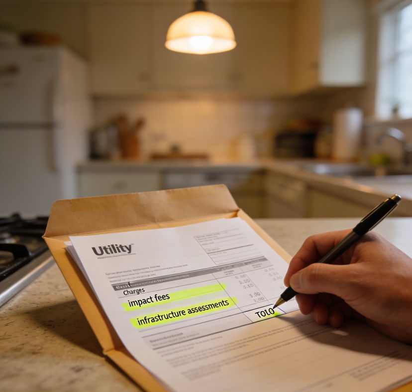 Close-up photograph of an opened utility bill envelope on a kitchen counter, showing a statement with highlighted charges for impact fees and infrastructure assessments. A person's hand holds a pen pointing at the total. Warm indoor lighting from overhead fixture, shallow depth of field, 50mm lens, documentary detail shot with neutral warm tones.