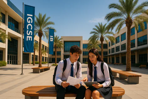 Two high school students in uniform sit on a bench in a sunny school courtyard, studying together with papers and a tablet. IGCSE and IB flags are visible.