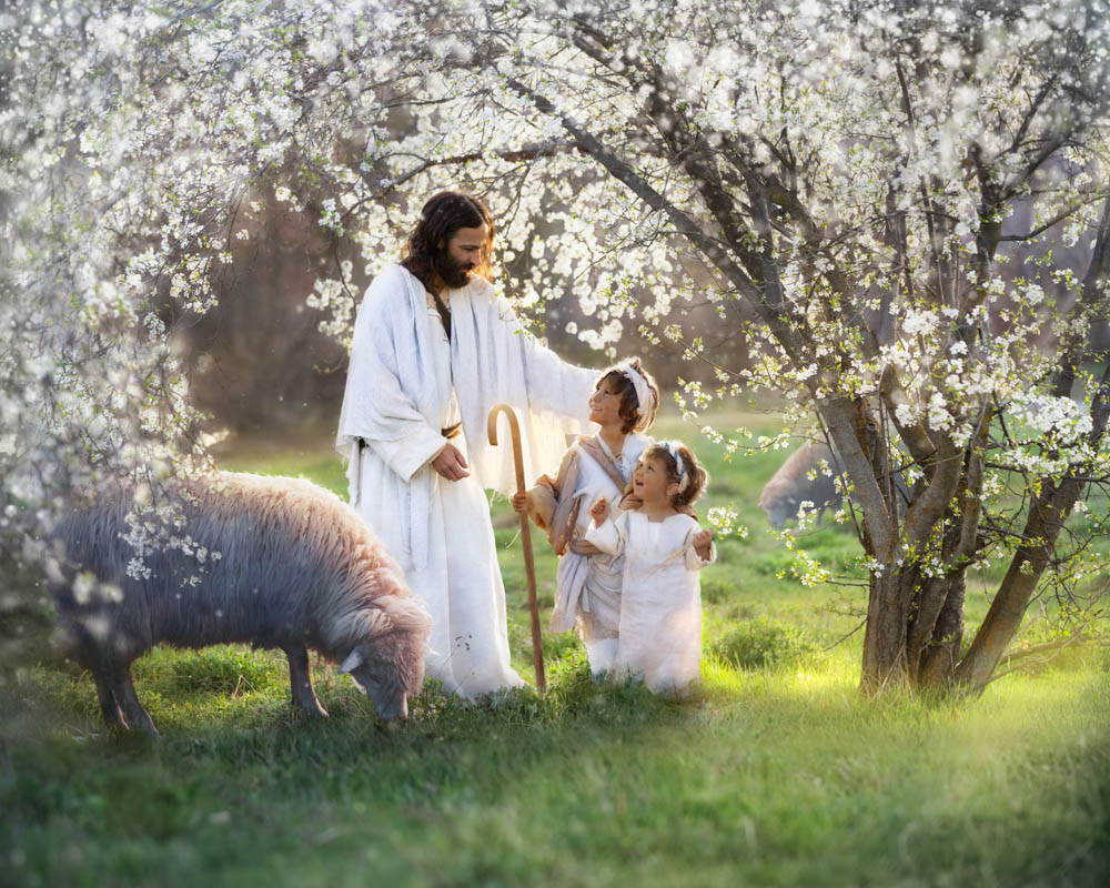 Jesus and two children watching a flock of sheep beneath blossom trees.
