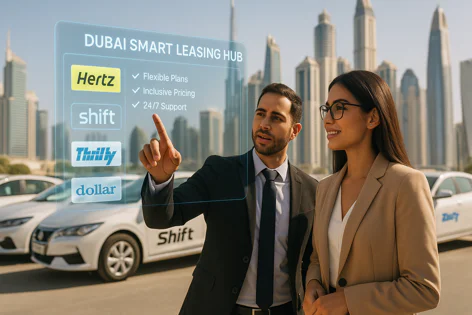 Two professionals in Dubai viewing a holographic menu for smart car leasing, showing brands Hertz, Shift, Thrifty, Dollar and features like flexible plans.