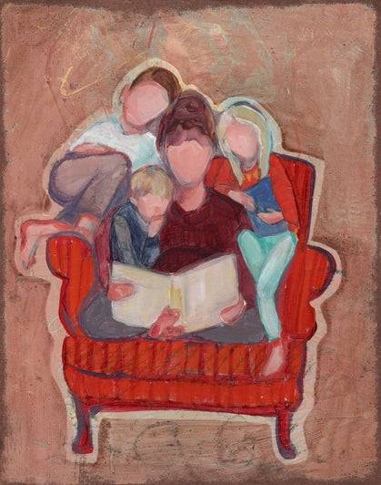 Painting of a mother  curled up in a sitting chair and surrounded by children as she reads from a book.