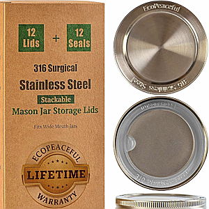 316 Surgical Stainless Steel Mason Jar Lids WIDE Mouth - 12 Lids, 12 Seals
