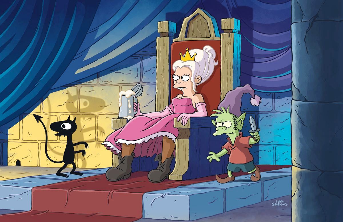 Image of Princess Bean, Luci, and Elfo next to her while she sits on a throne with a mug in her hand.