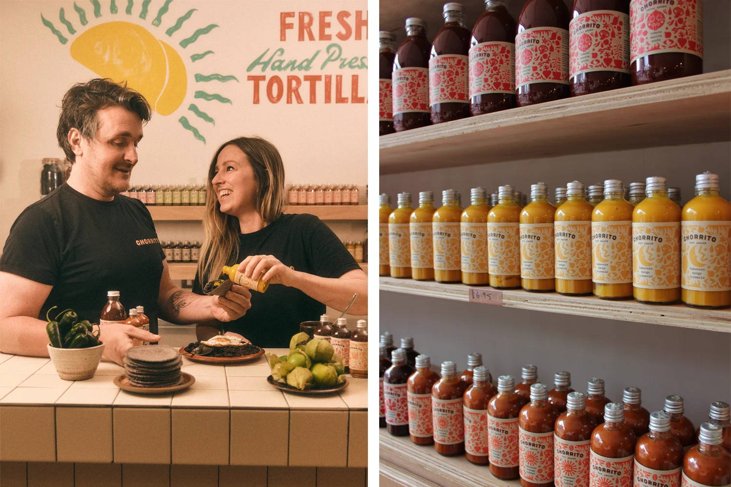 Two Images. The image on the left is of a man and woman behind a tiled bar in a Mexican Cantina pouring hot-sauce over a taco with bottles of hot sauce lining the shelves behind them and a large handpainted sign on the wall.. The image on the right is rows of hot sauce bottles lining wooden shelves stacked vertically on a wall.