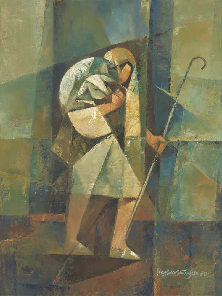 Geometric painting of a shepherd boy carrying a lamb on his shoulders.