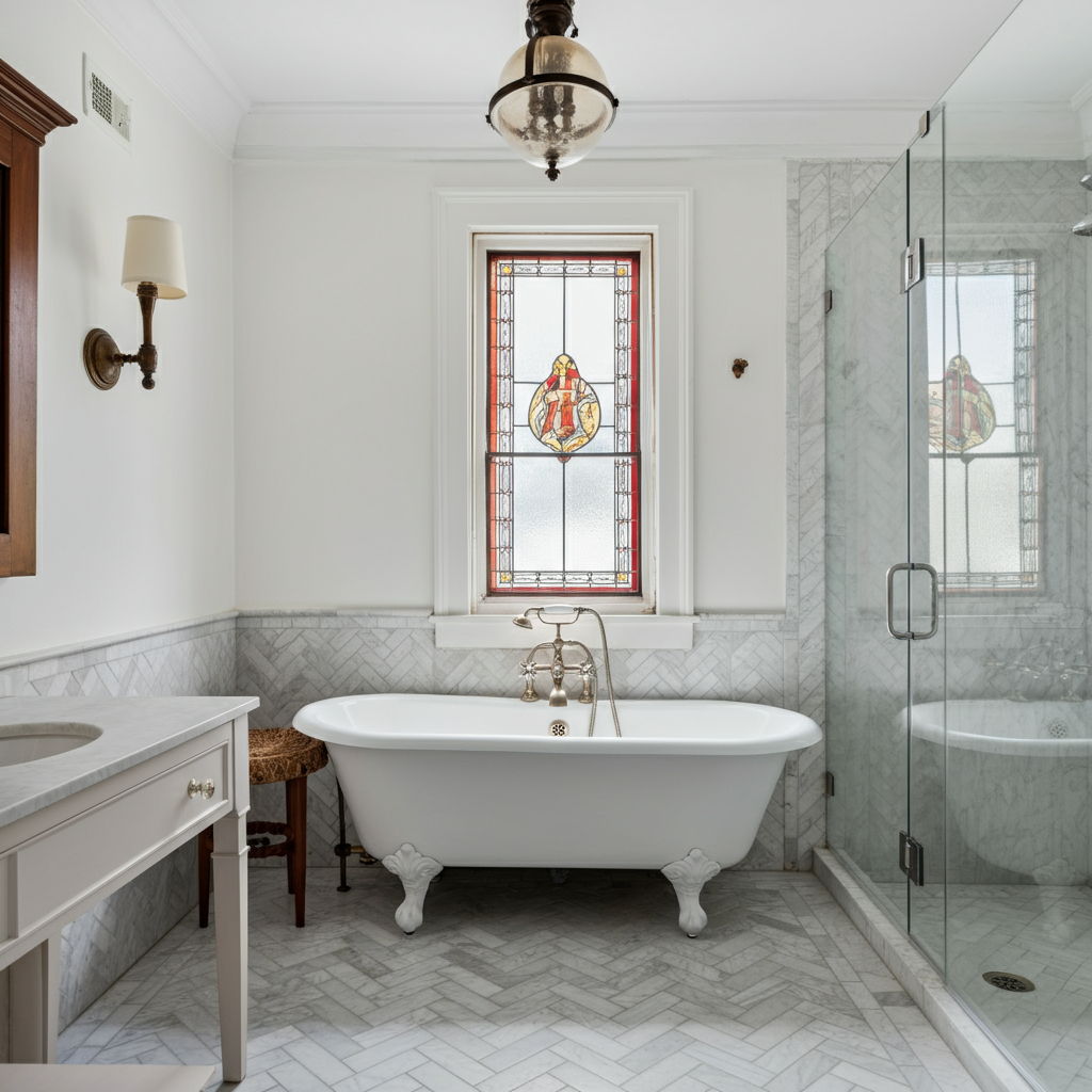 Restored Gold Coast row house master bathroom combining historic elements with modern luxury. Original stained glass window and restored clawfoot tub pair with marble herringbone tile floors and custom vanity, illustrating how period homes are updated to meet contemporary expectations while preserving architectural integrity.