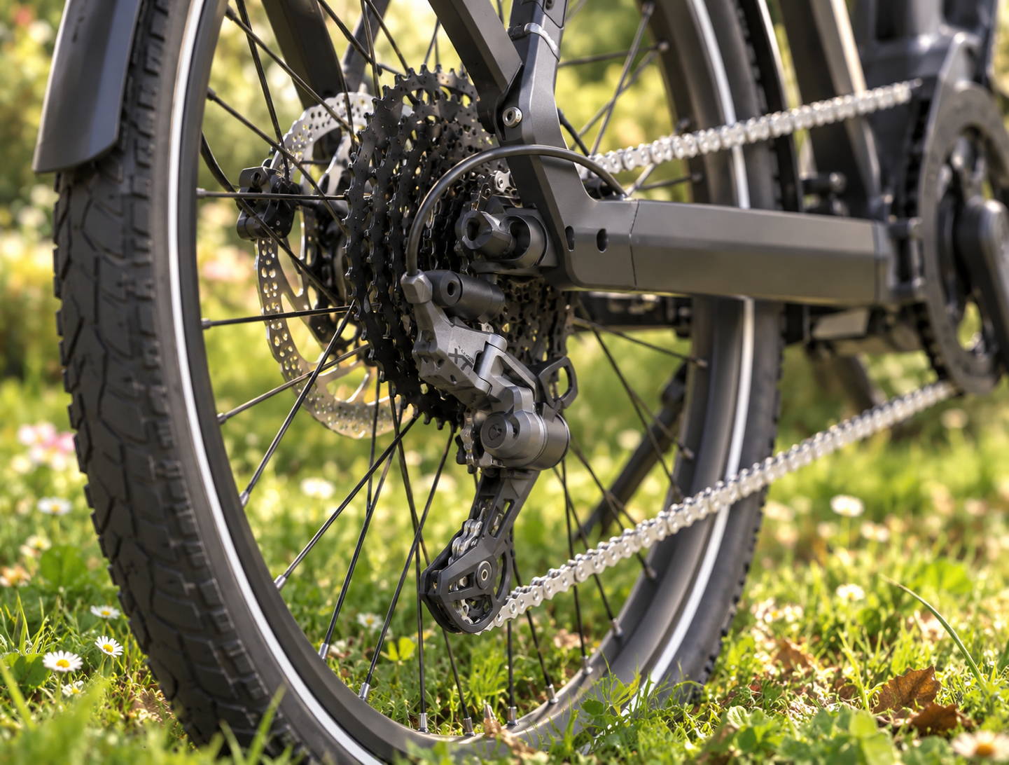 Dérailleur arrière et chaîne d'un vélo électrique posés sur l'herbe
