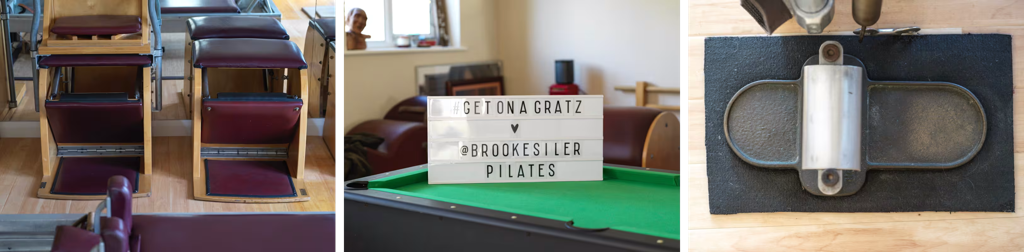 Pilates equipment, a lightbox with '@BrookeSiler Pilates,' and a close-up of a Pilates foot apparatus on wood floors.