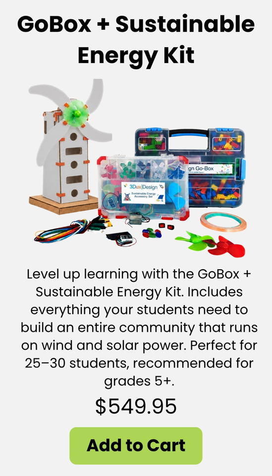 The GoBox + Sustainable Energy Kit includes wind and solar power components plus 400+ connectors and 500+ cardboard shapes for hands-on STEM engineering. Students design and build renewable-energy communities while learning circuits sustainability problem solving and real-world applications. Ideal for grades 5+ for classrooms and makerspaces with materials for 25–30 students and an All Access Pass for project-based learning challenges.